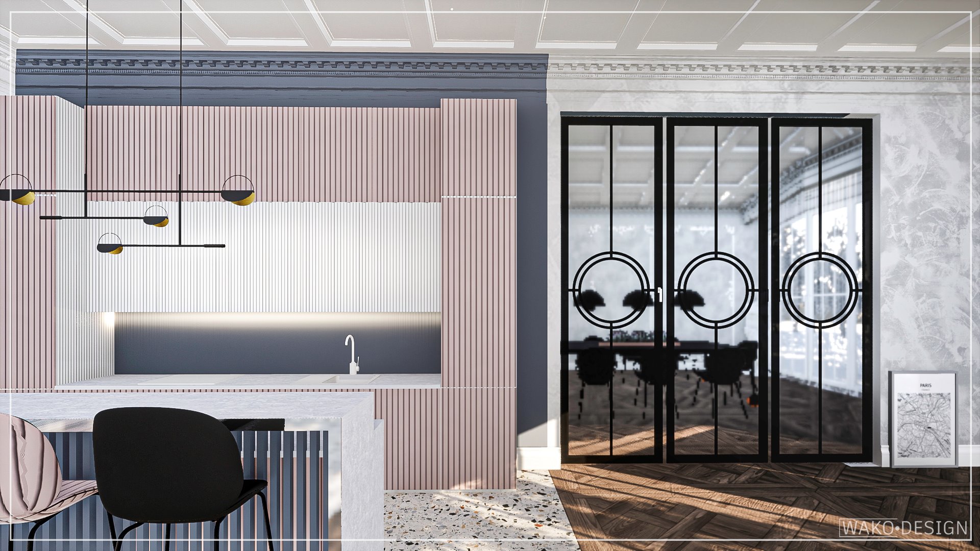 Kuchnia w stylu Art Deco z różowymi i białymi pionowymi panelami, nowoczesnym oświetleniem i przeszklonymi drzwiami z okrągłymi zdobieniami, widok na jadalnię w tle.