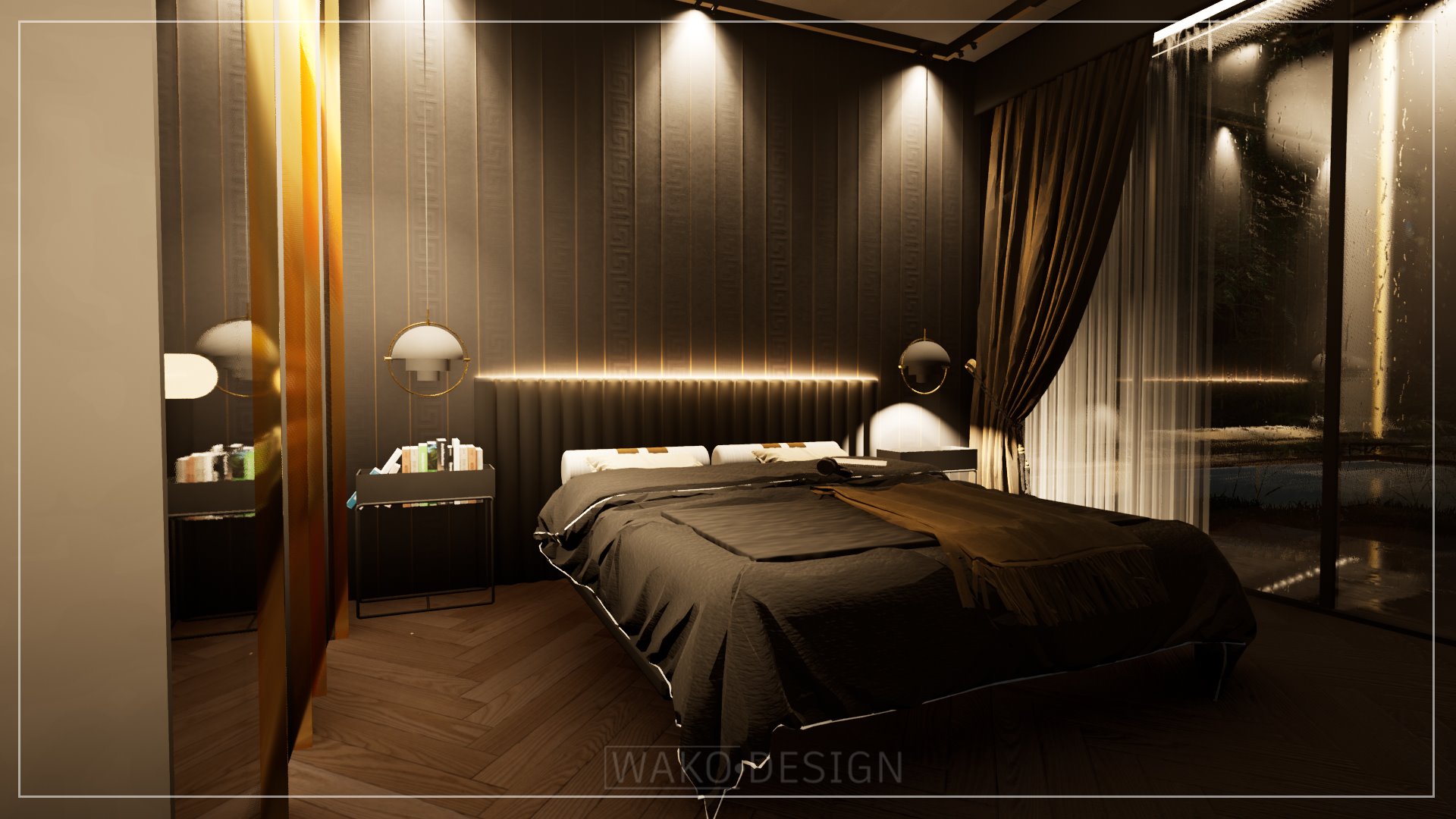 Nowoczesna sypialnia z akcentami złota i drewna: łóżko z ciemną pościelą, panele ścienne z subtelnym wzorem, parkiet w jodełkę, okno z widokiem na deszczowy ogród, oraz lampy wiszące o okrągłych...