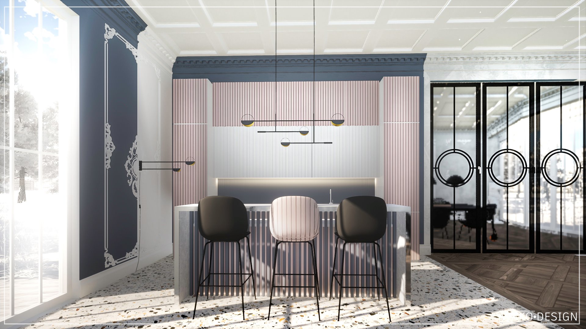 Kuchenna wyspa w stylu Art Deco z trzema hokerami na tle różowo-białej ściany z pionowymi paskami i modernistyczną lampą wiszącą, widok na salon przez przeszklone drzwi.