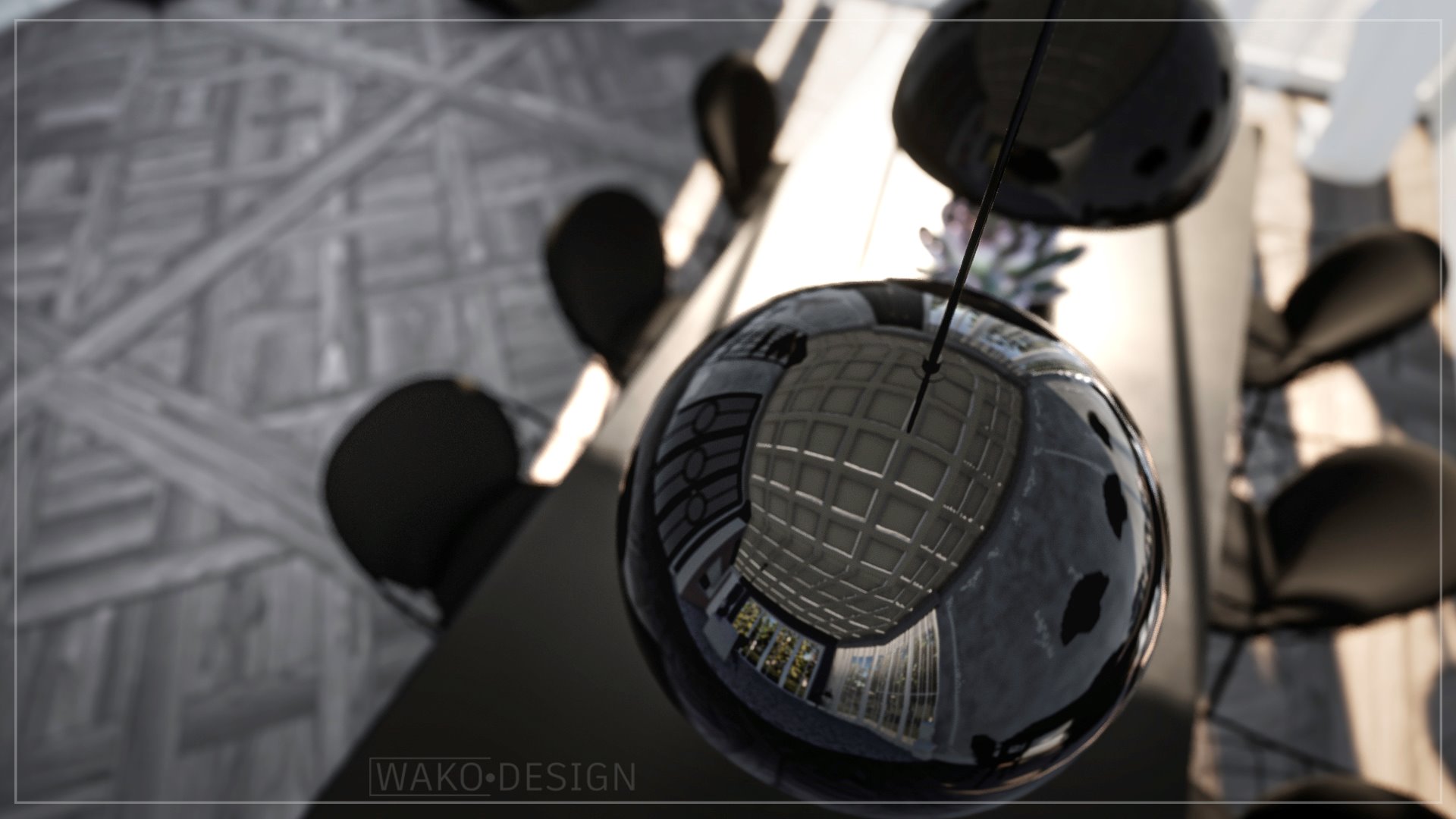 Nowoczesna lampa wisząca z czarnymi kulami, odbijająca wnętrze pomieszczenia w Warszawie, z widoczną kratownicą sufitu i fragmentem zieleni za oknem.