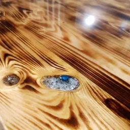 Blat biurka z jasnego drewna o wyraźnym usłojeniu, wykończony żywicą z zatopionymi kamieniami, widoczne logo firmy w lewym górnym rogu.