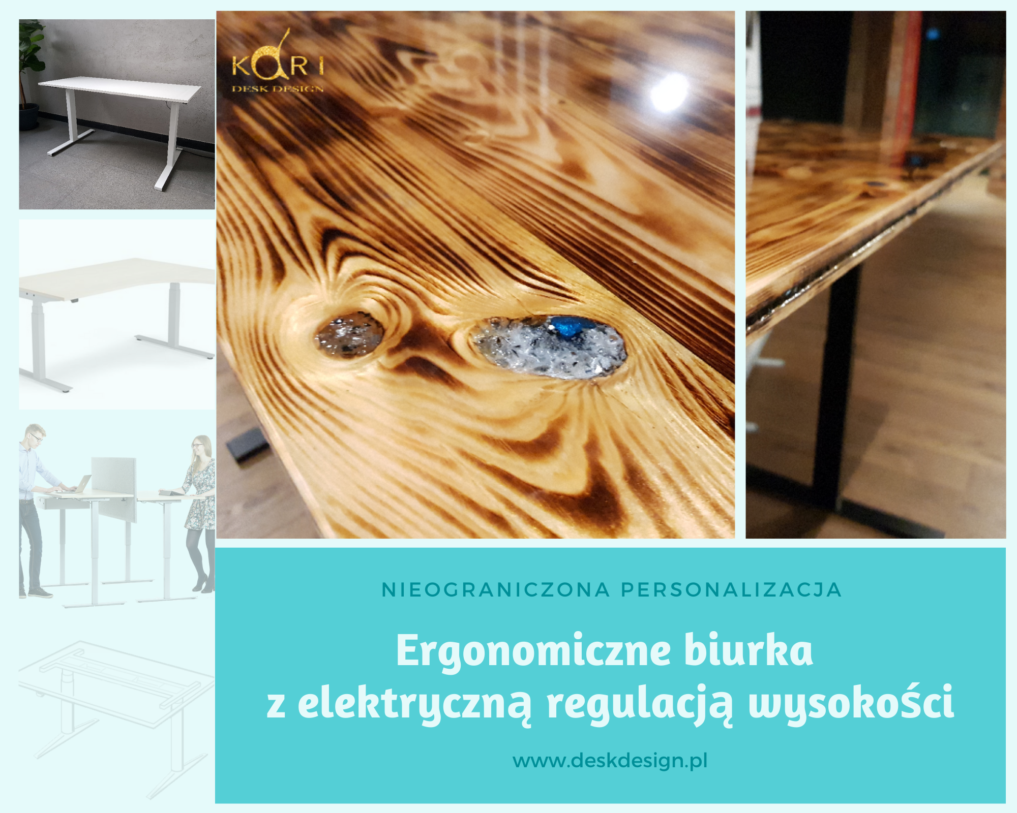 Ergonomiczne biurko z elektryczną regulacją wysokości, blat z unikalnym wzorem drewna i żywicą epoksydową, w tle wizualizacje biurek i logo firmy.