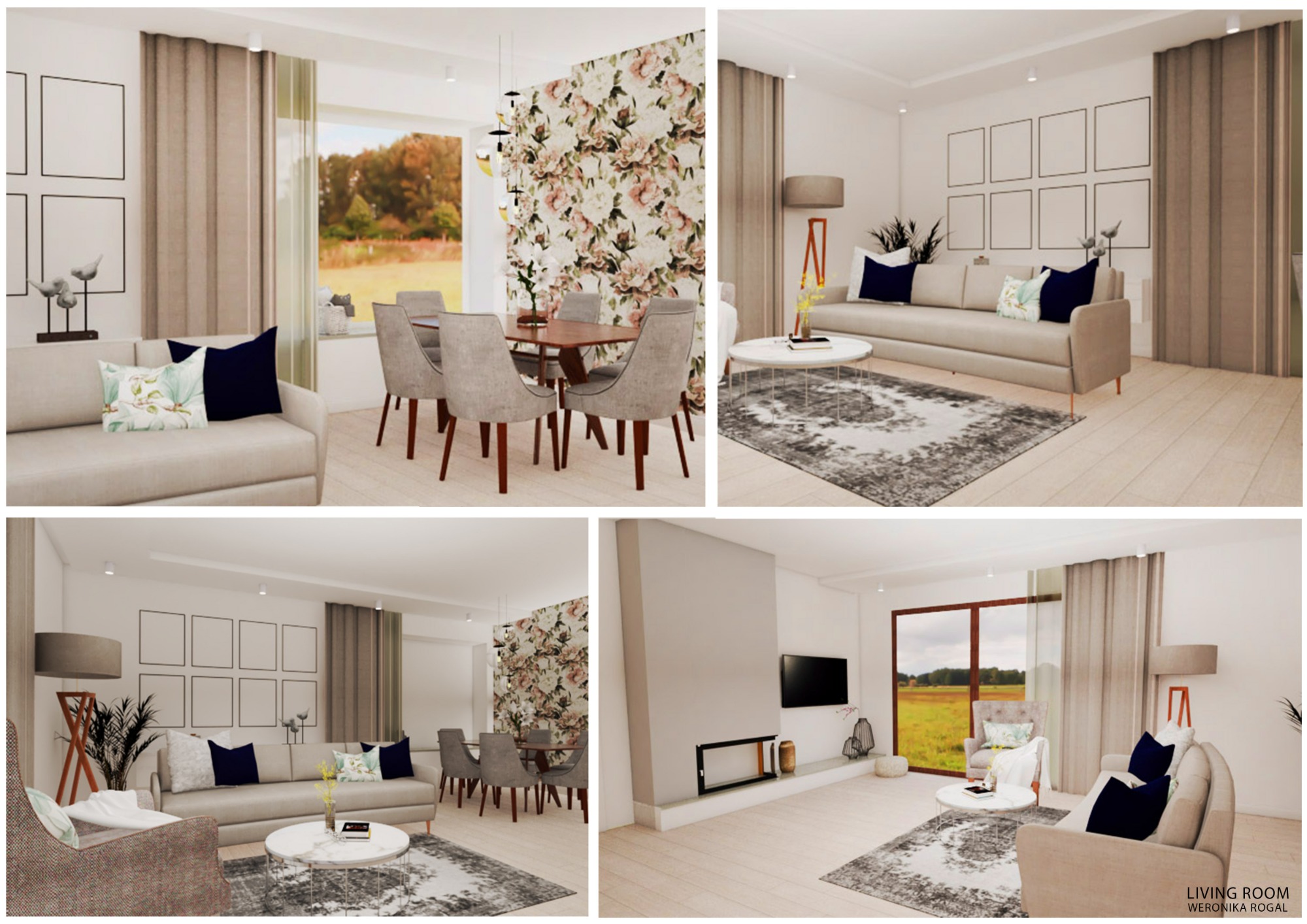 Projekt aranżacji salonu wraz z jadalnią.