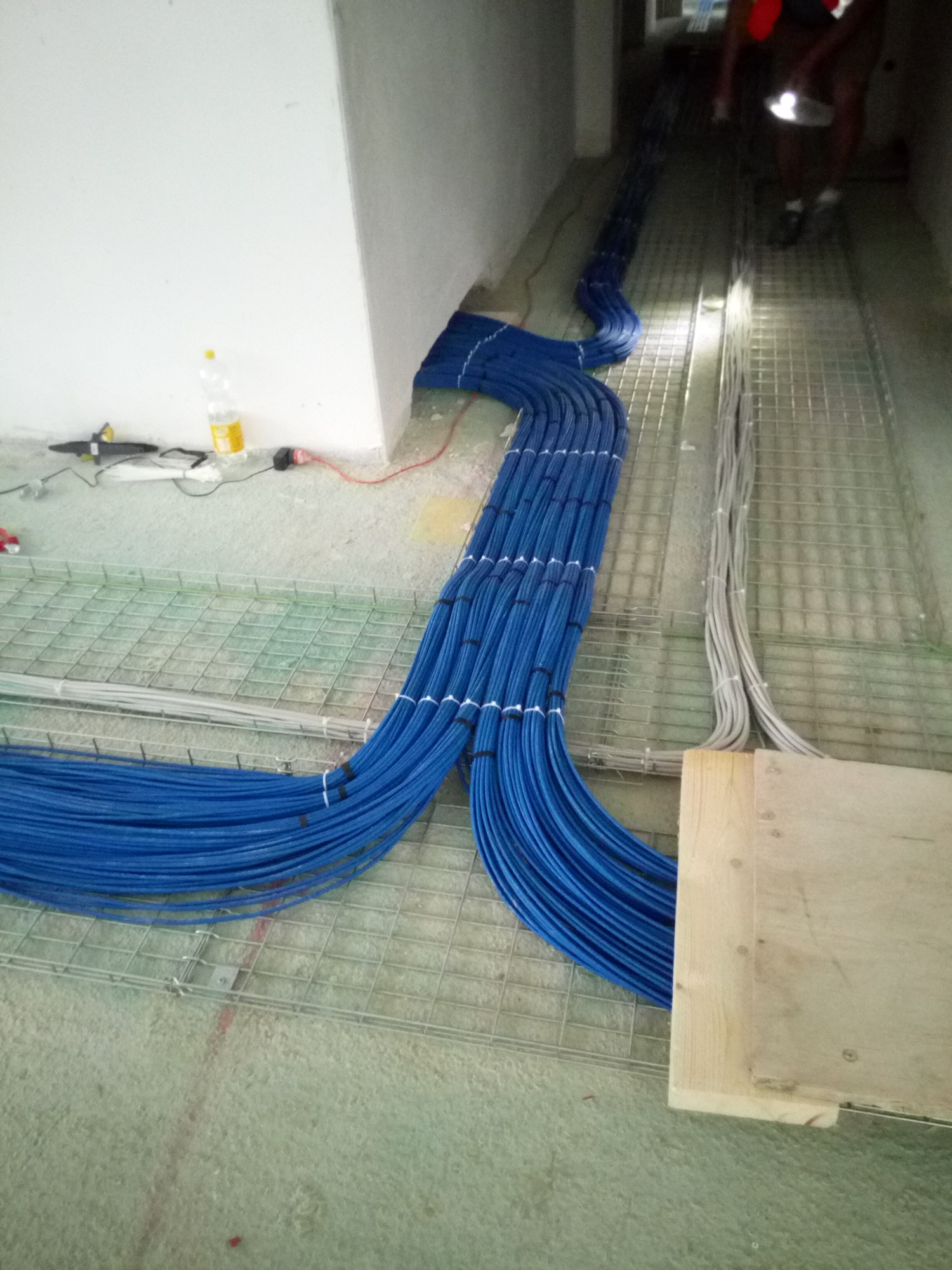 Równolegle ułożone, niebieskie kable telekomunikacyjne w korytach siatkowych, rozdzielające się w rogu pomieszczenia. Widoczne narzędzia i butelka wody przy ścianie.