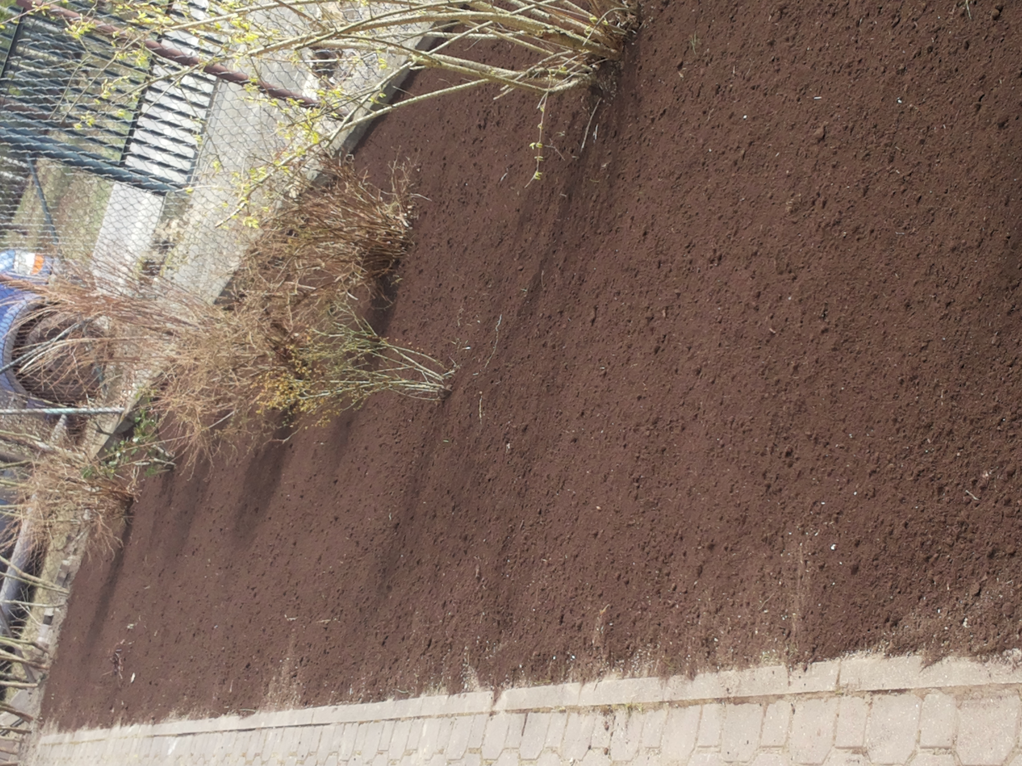 Przygotowana, świeżo przekopana ziemia pod trawnik, widoczne obrzeże z kostki brukowej i krzewy przed siatką ogrodzeniową.
