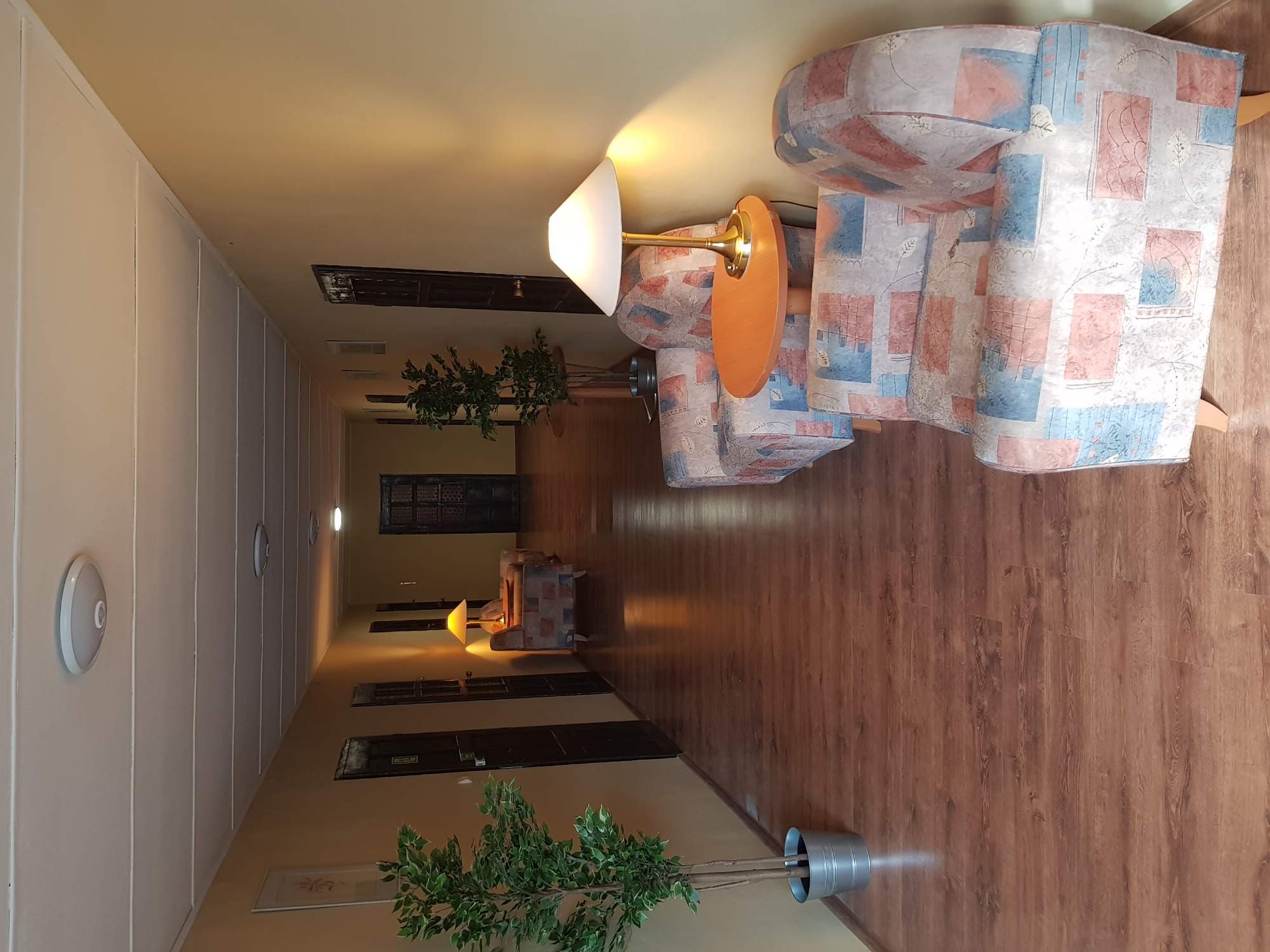 Długi korytarz z drewnianą podłogą, wzorzystymi fotelami, lampkami nocnymi i doniczkowymi roślinami w budynku na wynajem.