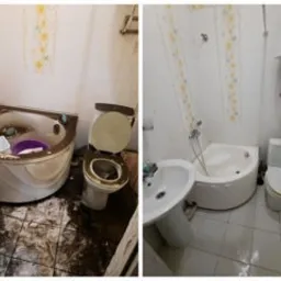 Por&oacute;wnanie stanu łazienki przed i po czyszczeniu: widoczna brudna wanna, toaleta i podłoga przed zabiegiem oraz czysta i odświeżona łazienka po jego wykonaniu. Kontrast podkreśla skuteczność usługi.