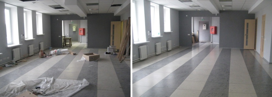 Porównanie stanu biura przed i po sprzątaniu: po lewej widoczne śmieci i pozostałości po pracach, po prawej czysta i uporządkowana przestrzeń z paskami na podłodze.