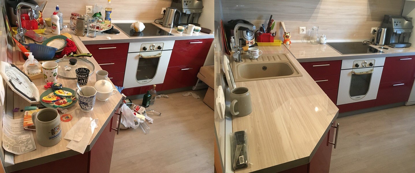 Zdjęcie przedstawia kuchnię przed i po sprzątaniu: po lewej stronie widoczny bałagan na blacie, zlewie i podłodze, po prawej czysta powierzchnia blatu i umyty zlew.