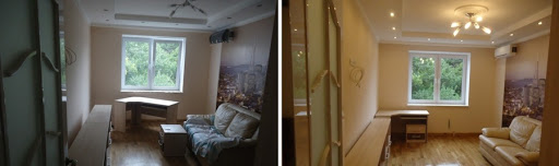 Pokój dzienny przed i po sprzątaniu: widoczna różnica w czystości podłogi, mebli i ogólnym porządku, z lewej strony widoczne niedociągnięcia, a z prawej efekt wysprzątania.