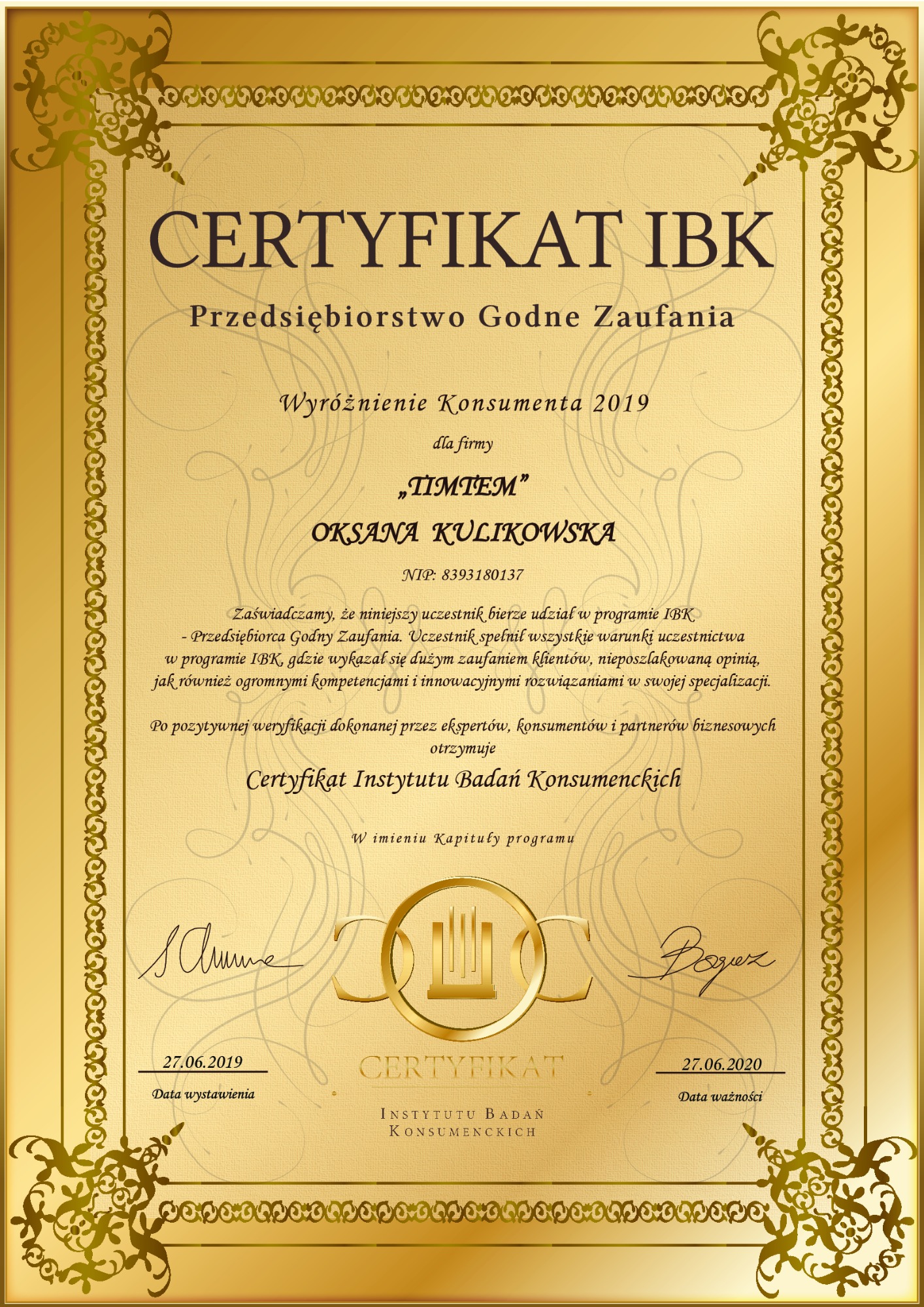 Certufikat Firmy Godnej Zaufania