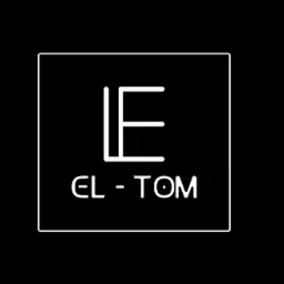 Minimalistyczne logo 'EL-TOM' w białym obrysie na czarnym tle, umieszczone w kwadratowej ramce.