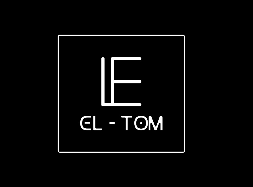 Minimalistyczne logo 'EL-TOM' w białym obrysie na czarnym tle, umieszczone w kwadratowej ramce.