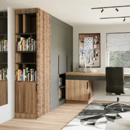 Wizualizacja nowoczesnego biura domowego z drewnianym regałem na książki z lamelami, szarymi szafami, biurkiem z komputerem iMac i tablicą korkową, oświetleniem punktowym i dywanem w geometryczne...