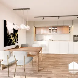 Wizualizacja nowoczesnej kuchni z drewnianym stołem i białymi krzesłami, nad stołem wiszą szklane lampy, na ścianie czarno-biały obraz, podłoga z jasnego drewna, w tle zabudowa kuchenna...