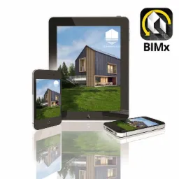 Wizualizacja nowoczesnego domu z ciemnego drewna prezentowana na tablecie i smartfonach z logo BIMx, odbicie w błyszczącej powierzchni.