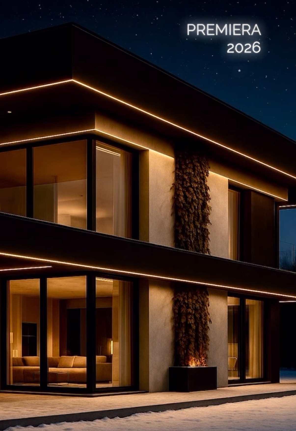 Dwukondygnacyjny dom z płaskim dachem, oświetlony ledami, z zielenią na elewacji. Wnętrze widoczne przez duże okna. Nocne niebo w tle. Premiera 2026.