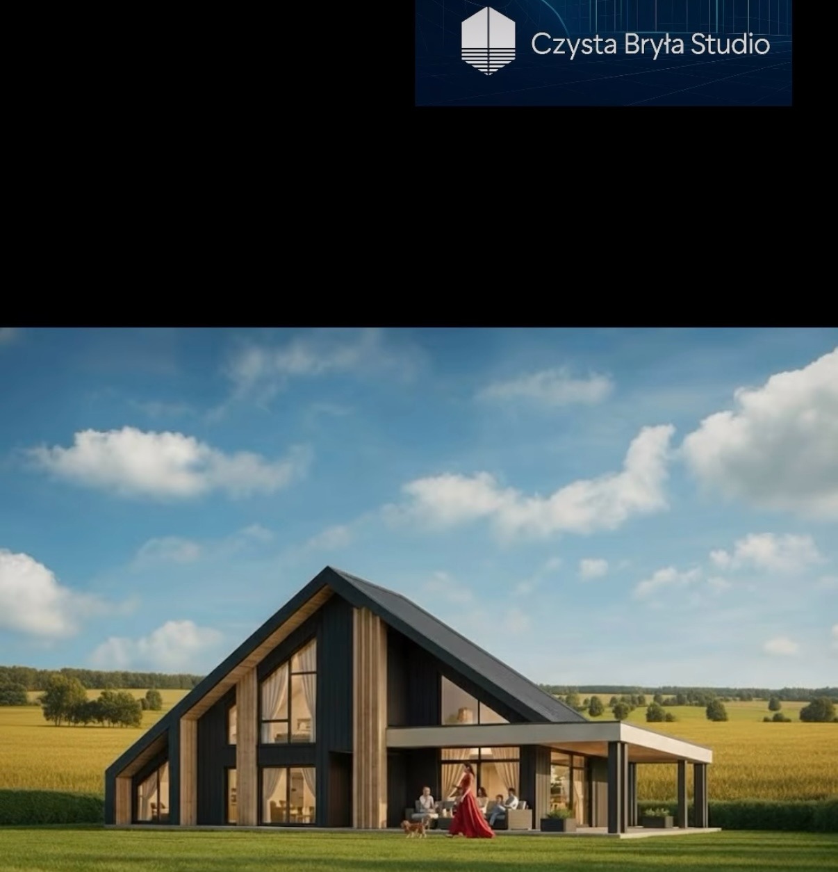 Wizualizacja nowoczesnego domu jednorodzinnego z ciemną elewacją i dużymi przeszkleniami, otoczonego zielonym trawnikiem i polami. Na tarasie siedzą ludzie.