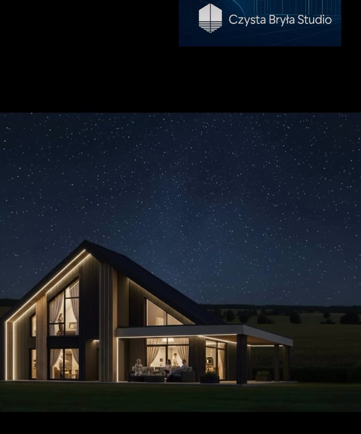 Nowoczesny dom z drewnianą elewacją i oświetleniem LED, widoczny nocą na tle rozgwieżdżonego nieba. Wnętrze domu oświetlone, widać sylwetki osób.