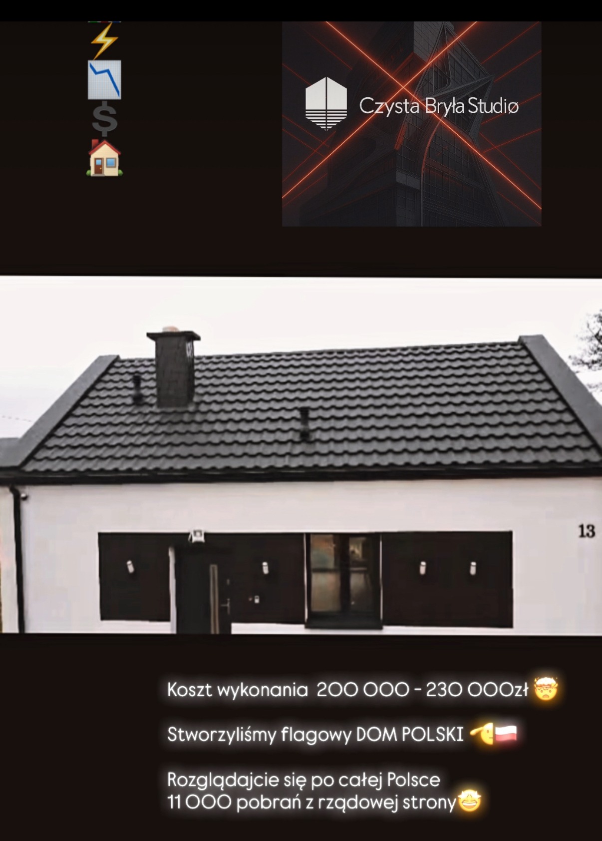 Nowoczesny dom jednorodzinny z ciemną dachówką i minimalistyczną elewacją. Widoczny fragment dachu, ściana z numerem 13 i ciemne okna. U góry logo firmy.