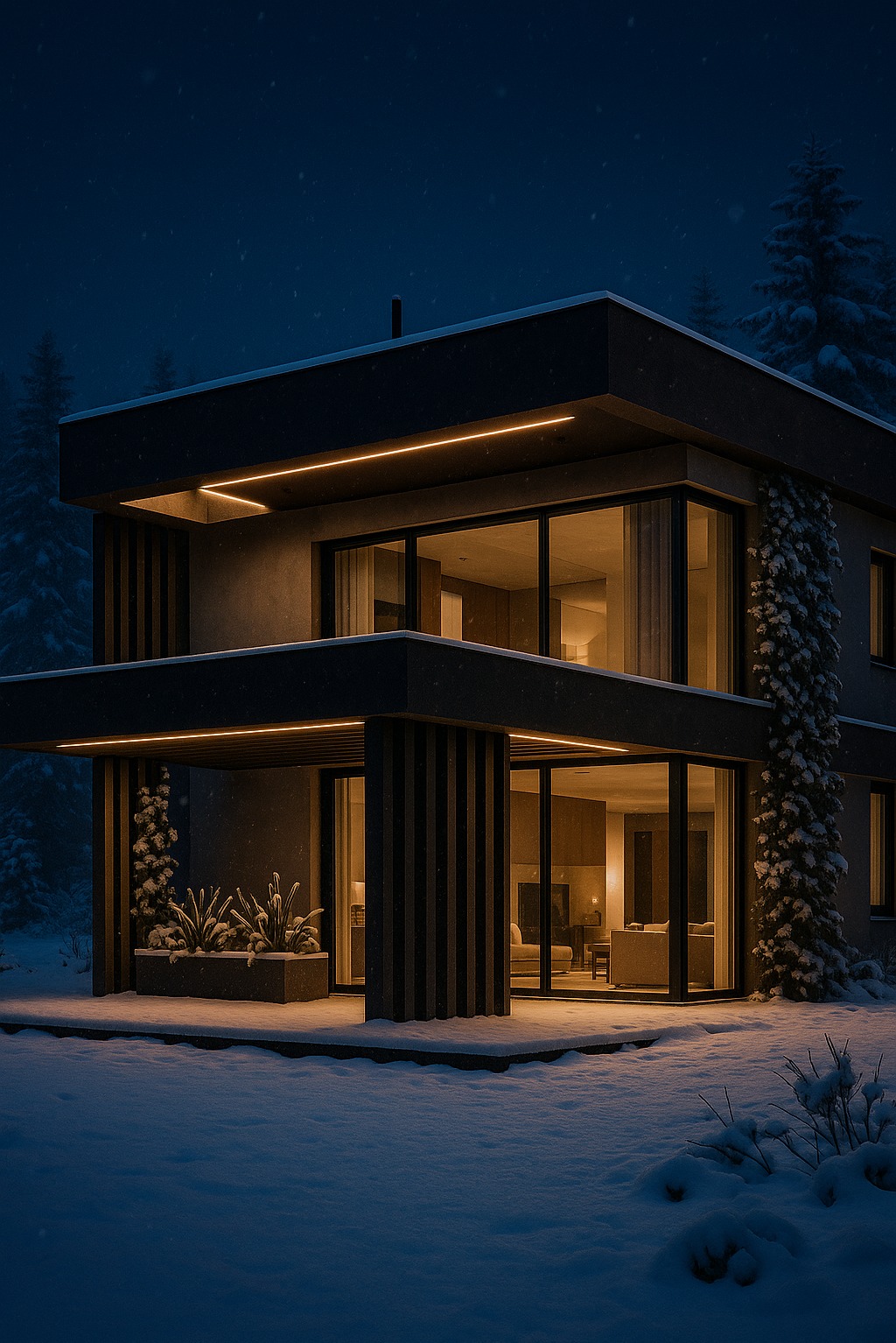 Nowoczesny dom z oświetleniem LED w Lublinie, otoczony śniegiem. Duże okna ukazują wnętrze. Architektura minimalistyczna, nocne ujęcie.