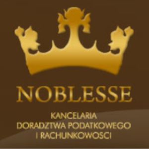 Złote logo 'Noblesse Kancelaria Doradztwa Podatkowego i Rachunkowości' z koroną na brązowym tle.
