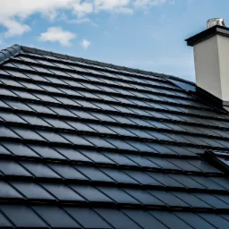 Czarny dach z dachówki ceramicznej, z kominem wykończonym blachą, okno dachowe widoczne w prawym dolnym rogu, błękitne niebo w tle.