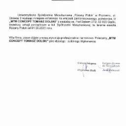 Skan referencji dla firmy sprzątającej 'MTM CONCEPT TOMASZ DOLSKI' od Uniwersyteckiej Spółdzielni Mieszkaniowej 'Różany Potok', potwierdzający świadczenie usług porządkowych od 01.08.2023 roku,...