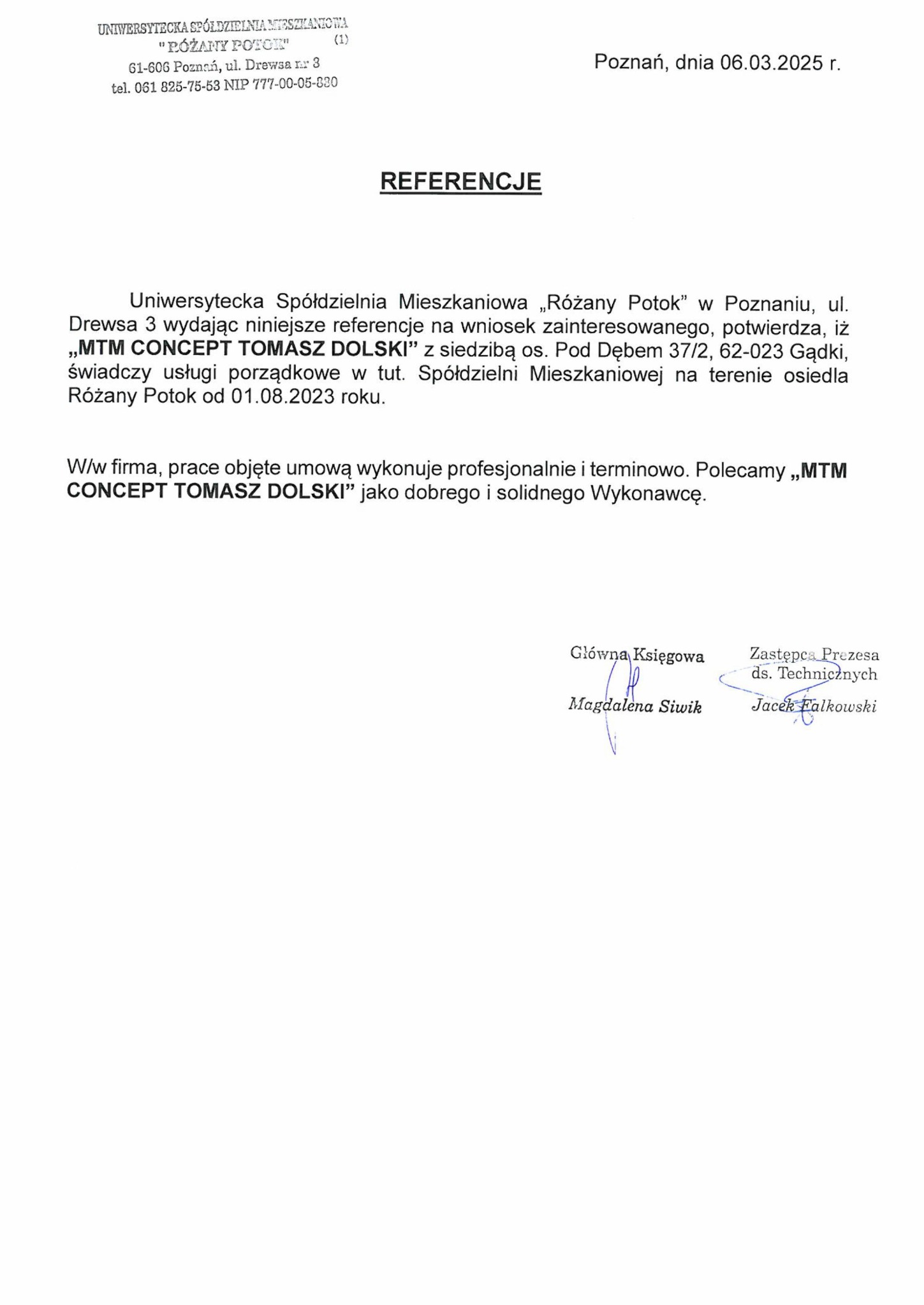 Skan referencji dla firmy sprzątającej 'MTM CONCEPT TOMASZ DOLSKI' od Uniwersyteckiej Spółdzielni Mieszkaniowej 'Różany Potok', potwierdzający świadczenie usług porządkowych od 01.08.2023 roku,...