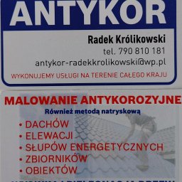 Antykor Radosław Królikowski - Wizytówka firmy Antykor Radek Królikowski oferującej malowanie antykorozyjne dachów, elewacji, słupów energetycznych, zbiorników i obiektów metodą natryskową. Dodatkowo świadczą usługi wycinki...