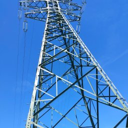 Antykor Radosław Królikowski - Wysoki słup wysokiego napięcia o konstrukcji kratownicowej, pomalowany na zielono, widoczny z dołu na tle błękitnego nieba, z widocznymi izolatorami i przewodami.