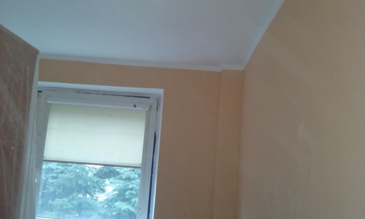 Pomalowane na beżowo ściany z oknem i roletą, widoczne drzewa za oknem, biały sufit z listwą dekoracyjną, fragment zakrytej folią ściany po lewej.