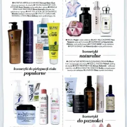 Kolaż z wycinków reklamowych kosmetyków do włosów, twarzy, ciała, zapachów i paznokci różnych marek, z opisami produktów i numeracją.