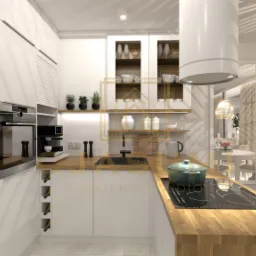 Wizualizacja nowoczesnej, jasnej kuchni z drewnianym blatem, białymi szafkami, wbudowanym piekarnikiem i ekspresem do kawy. Widoczny zlew, płyta indukcyjna z garnkiem, oraz stół z krzesłami w tle.