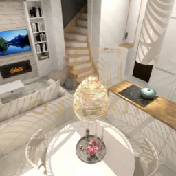 Wizualizacja małego mieszkania z otwartą kuchnią, drewnianymi schodami i dekoracyjną lampą wiszącą nad okrągłym stołem z kwiatami.