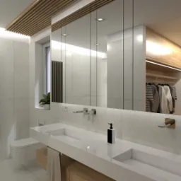 Nowoczesna łazienka z podwójną umywalką nablatową, dużym lustrem z szafkami, grzejnikiem drabinkowym w kolorze grafitu oraz drewnianymi panelami na suficie i w szafce pod umywalką. W lustrze odbija...