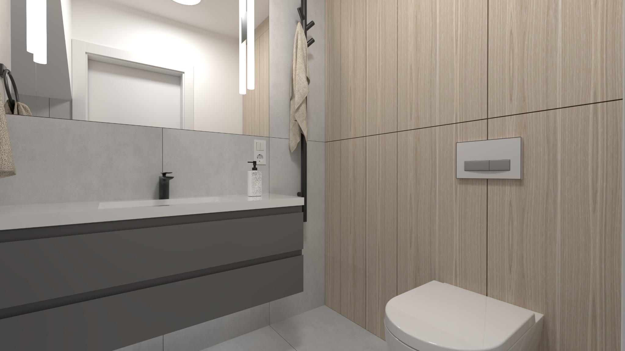 Nowoczesna łazienka z umywalką w kolorze grafitowym, drewnianą okładziną ścienną i wiszącą toaletą. Na blacie umywalki dozownik mydła w ozdobny wzór.