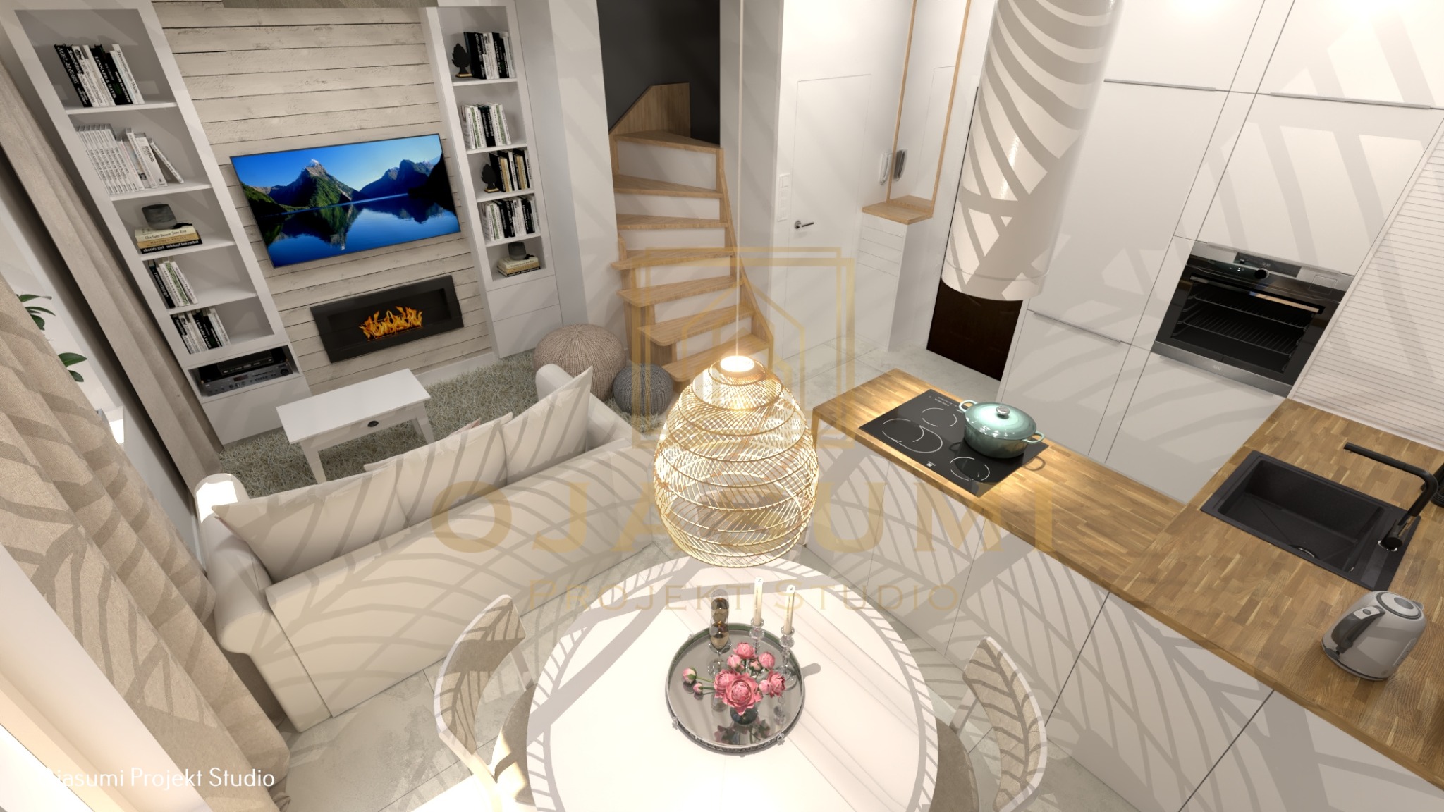 Wizualizacja wnętrza: salon z aneksem kuchennym, drewniane schody, białe meble, okrągły stół z dekoracją kwiatową, telewizor nad kominkiem, wysokie regały na książki.