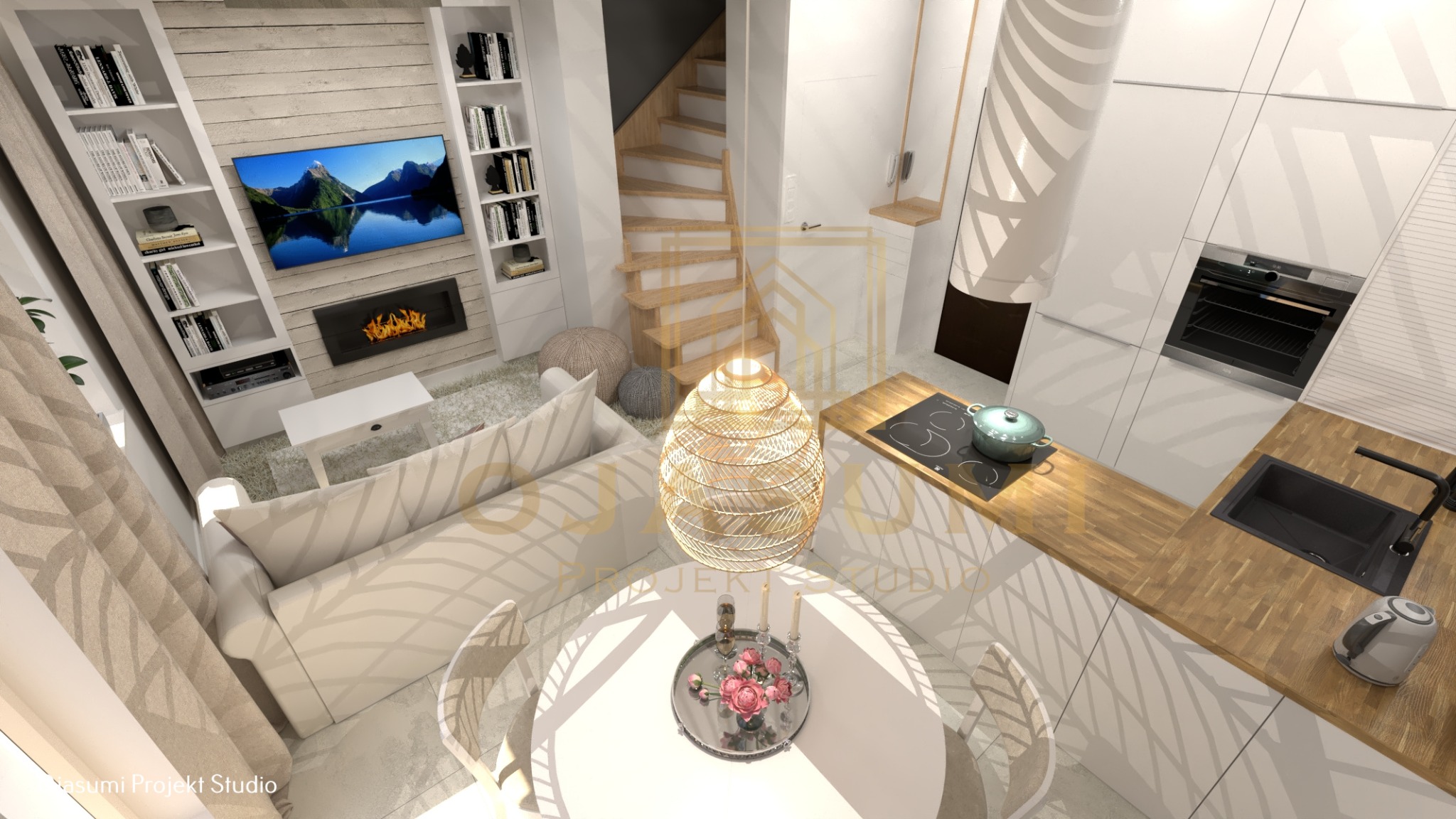 Wizualizacja małego mieszkania z otwartą kuchnią, drewnianymi schodami i dekoracyjną lampą wiszącą nad okrągłym stołem z kwiatami.