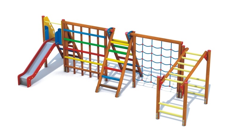 Wizualizacja modułowego placu zabaw z drewnianymi konstrukcjami, kolorowymi elementami i zjeżdżalnią na białym tle.