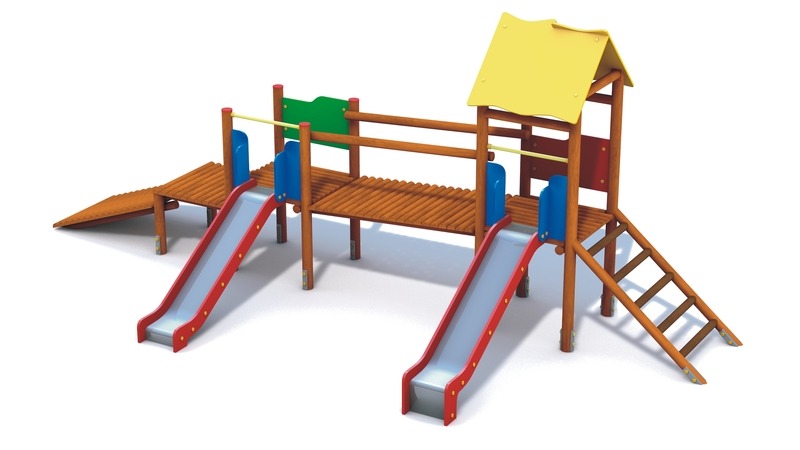 Wizualizacja kompleksu zabaw dla dzieci z dwiema zjeżdżalniami, drewnianym podestem z rampą wejściową i wieżą z żółtym daszkiem, na białym tle.