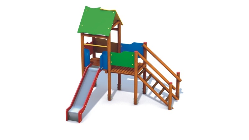 Wizualizacja wieży zjeżdżalni i schodami, elementy drewniane i kolorowe panele, na białym tle.