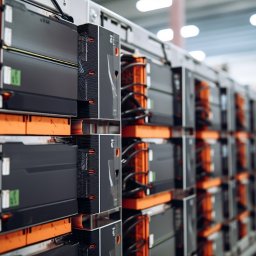 Piotr Kamiński Solution Energy Storage - Rząd modułowych magazynów energii w przemysłowym otoczeniu, z pomarańczowymi elementami konstrukcyjnymi i widocznymi przewodami.