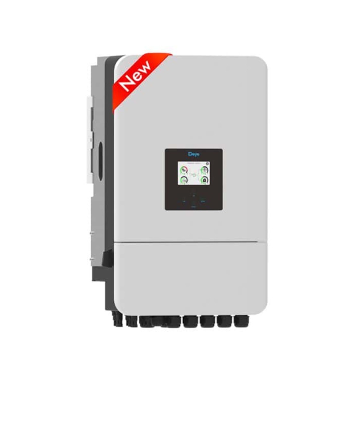 Nowy, biały falownik fotowoltaiczny z czarnym wyświetlaczem i czerwoną naklejką 'New' w lewym górnym rogu, widok z przodu na białym tle.