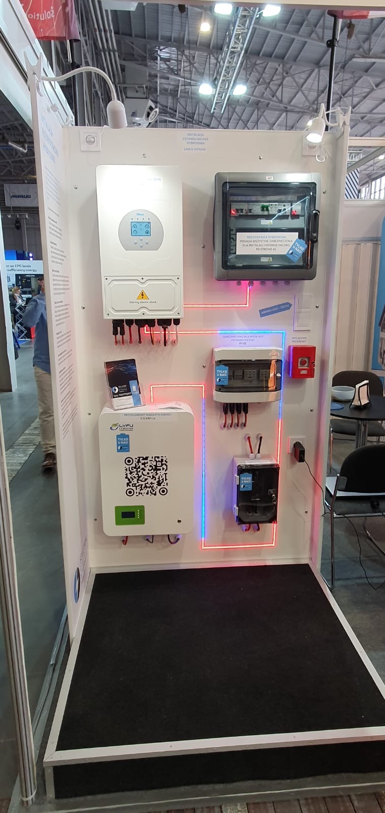 Ekspozycja elementów instalacji fotowoltaicznej i magazynu energii na stoisku targowym, z widocznym inwerterem, rozdzielnicą i modułem magazynowania energii, podświetlonych neonami.