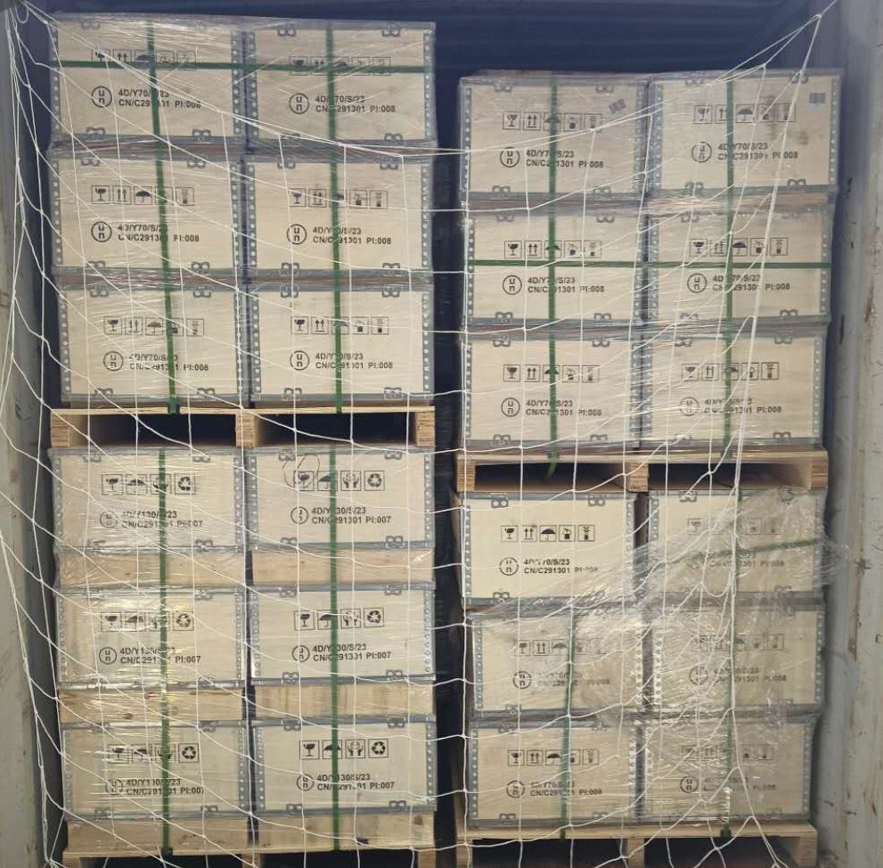 Palety z zapakowanymi kartonami zabezpieczone siatką w kontenerze transportowym, widoczne oznaczenia na kartonach, sugerujące zawartość wrażliwą na wstrząsy i wilgoć.