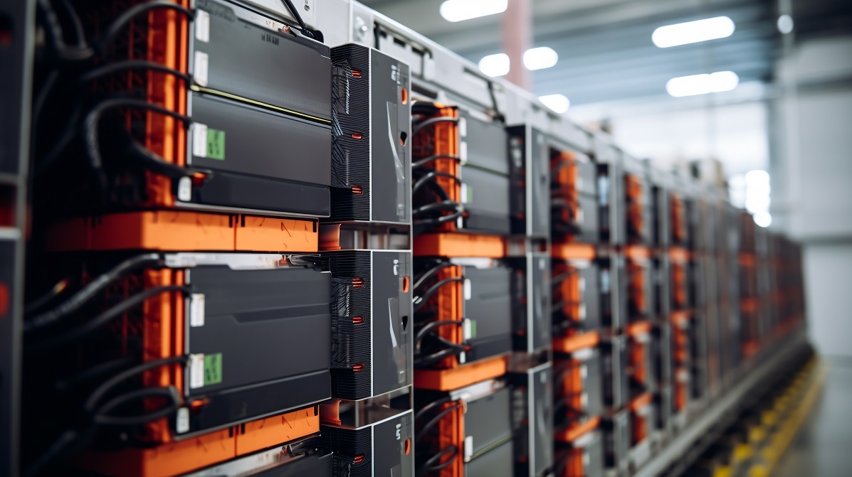 Rząd modułowych magazynów energii w przemysłowym otoczeniu, z pomarańczowymi elementami konstrukcyjnymi i widocznymi przewodami.