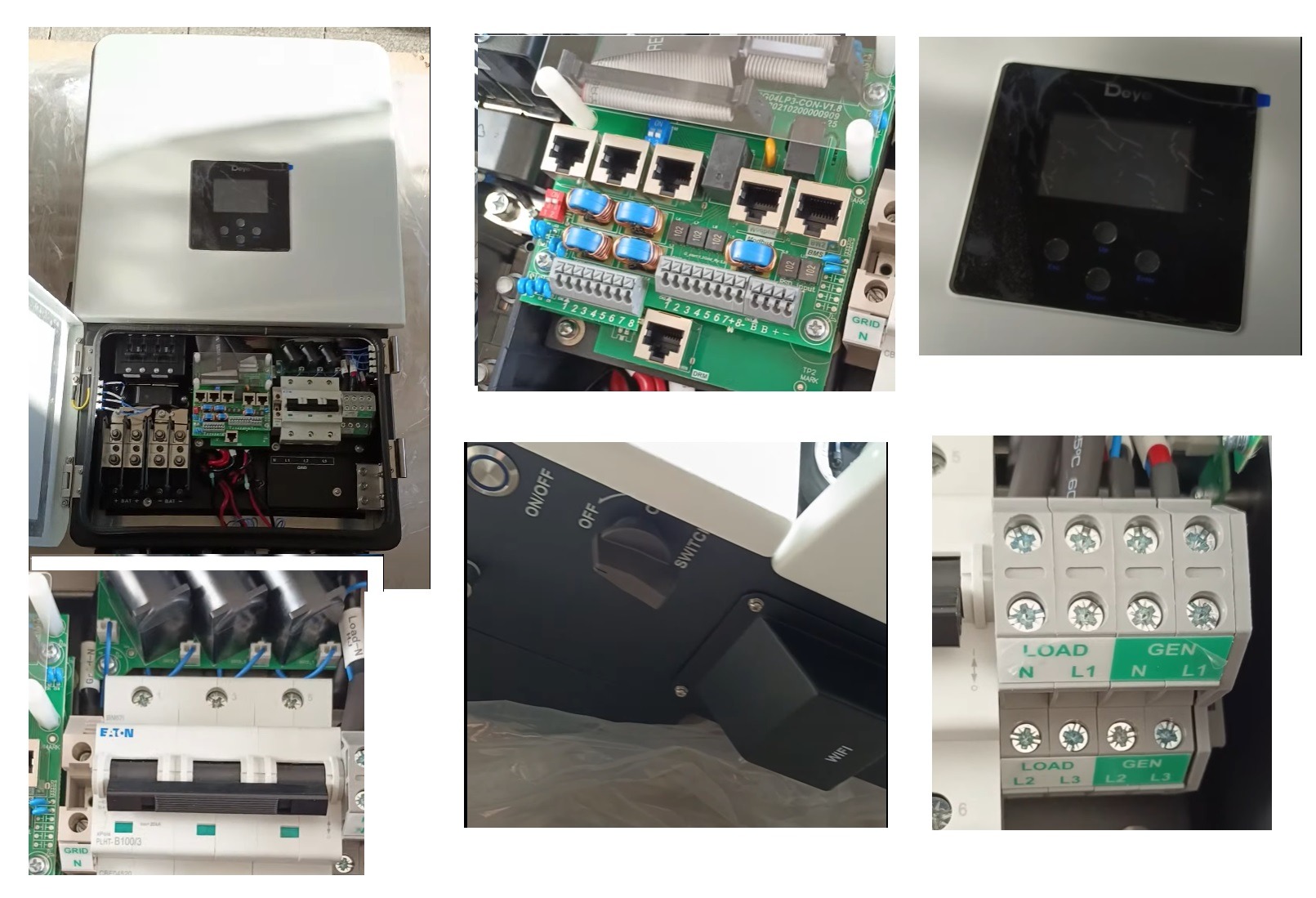 Otwarta obudowa magazynu energii Deye z widocznymi wewnętrznymi komponentami: płytką PCB z portami Ethernet, bezpiecznikami Eaton, modułem WiFi oraz złączami LOAD i GEN.