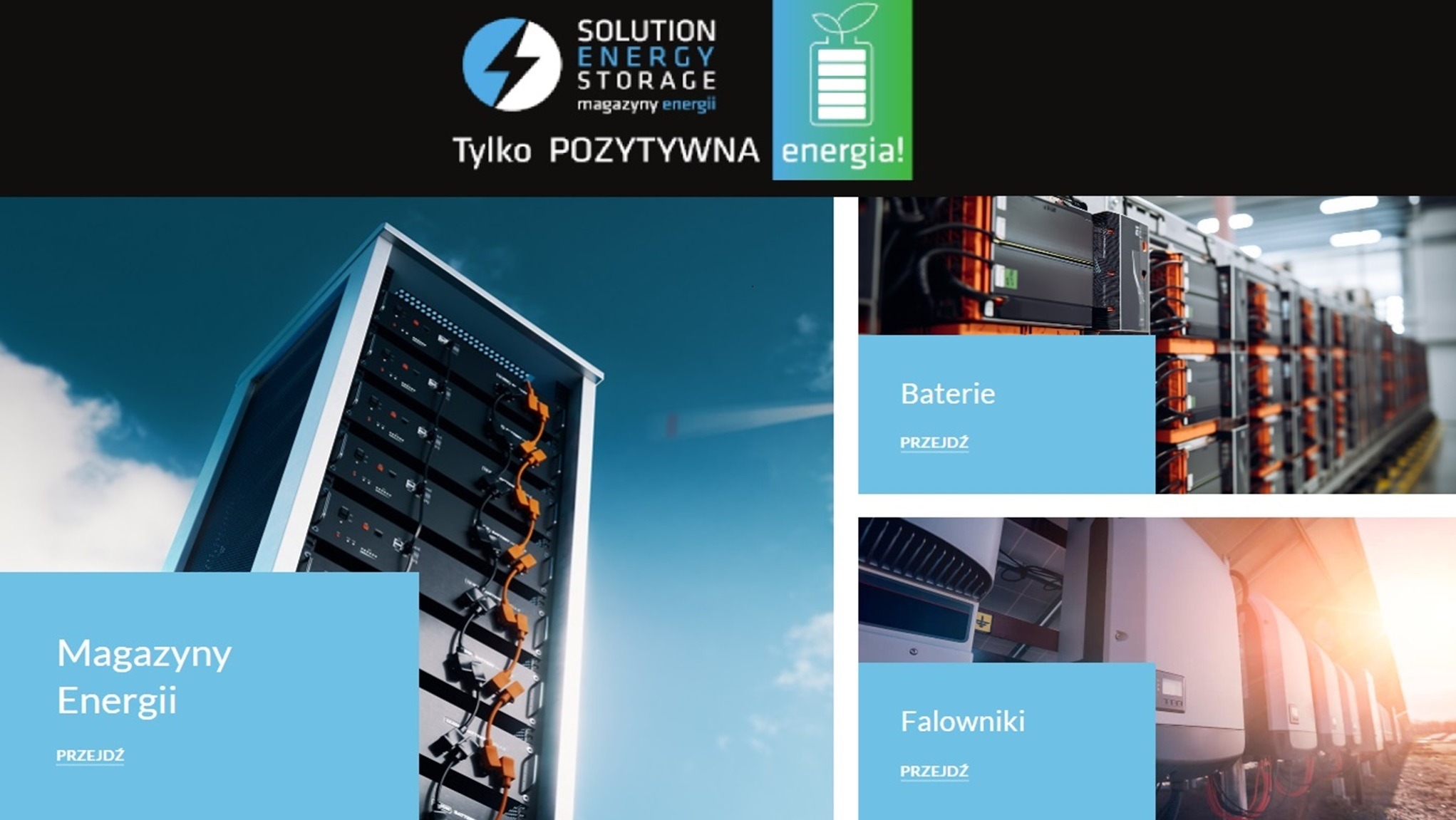 Układ magazynowania energii w szafie rack, widok z dołu na tle błękitnego nieba z chmurami, z widocznymi kablami pomarańczowymi.
