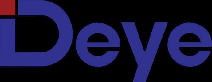 Logo firmy Deye z niebieskim napisem i czerwonym kwadratem nad literą 'i' na czarnym tle.